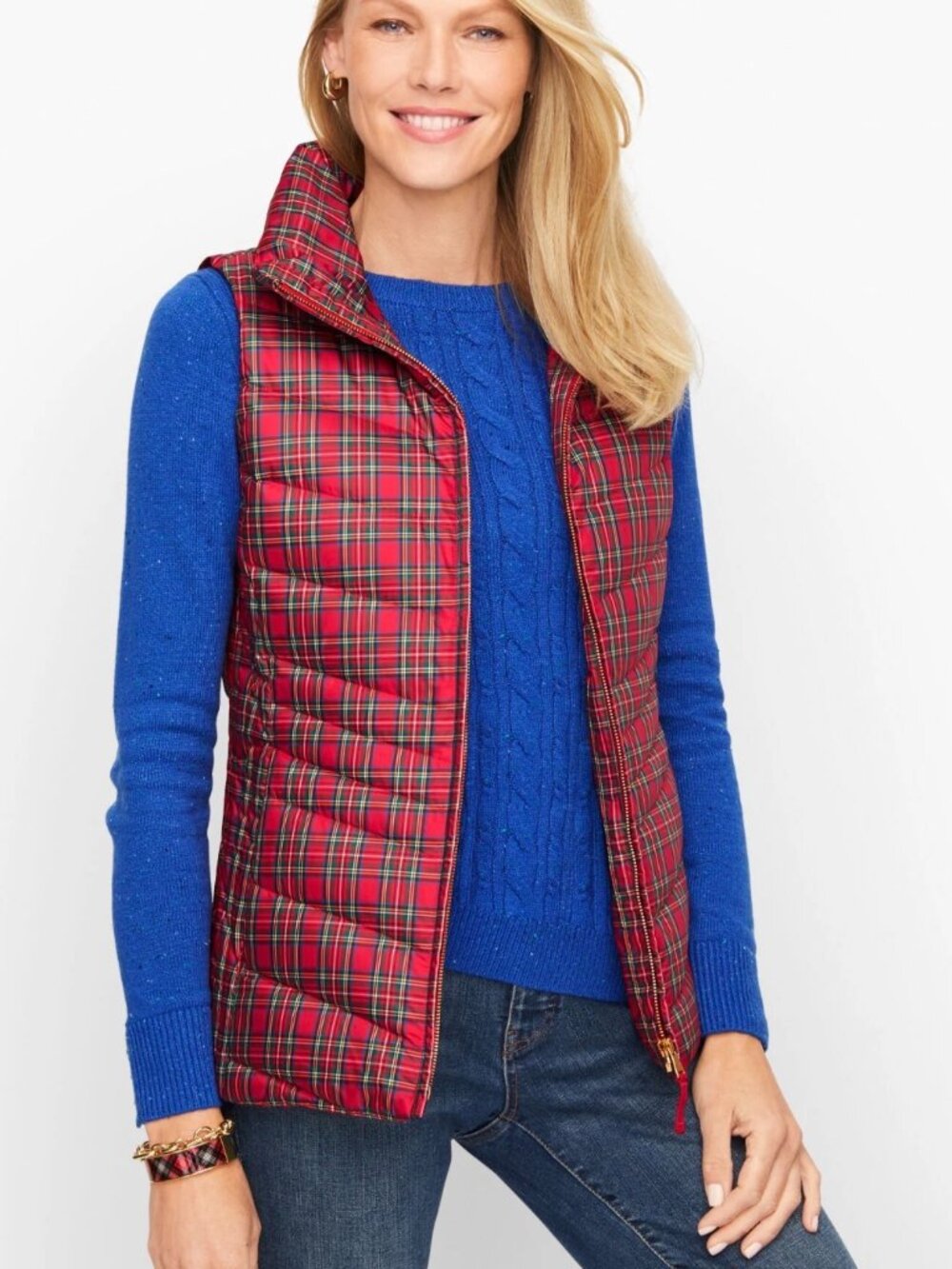 Talbots Red Plaid Down Filled Zippered Quilted Puffer Vest Women's size M Petite